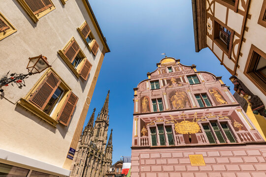 France, Alsace, Mulhouse, Low angle view of historical town hall and surrounding houses