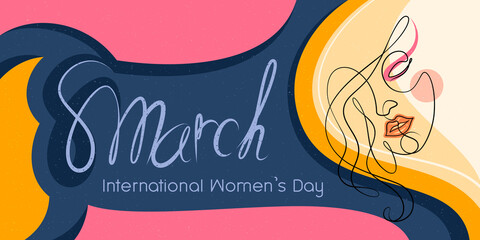 International women's Day, 8th March design concept greeting card template illustration. Flat vector young woman beauty face minimal line drawing style and curve pink-yellow-blue background. - obrazy, fototapety, plakaty