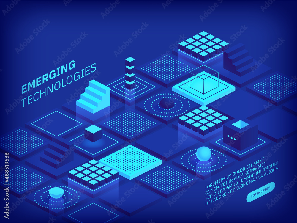 Poster emerging technologies concept. abstract futuristic cubes design and different geometric shapes. digi