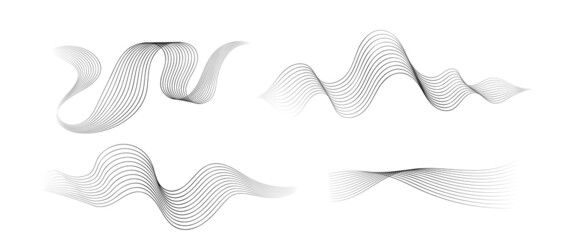 Abstract black and grey vibration wave set. Collection of sound audio wavy line, dotted halftone and waveform. Element on white background for business, science, music and technology. - obrazy, fototapety, plakaty