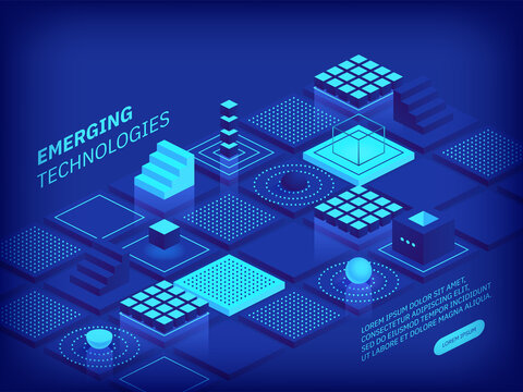 Emerging technologies concept. Abstract futuristic cubes design and different geometric shapes. Digital innovation and artificial intelligence. Blockchain tech. Vector illustration in isometric view