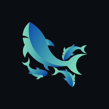 Silhouette of a fish shark in blue surrounded by small sharks on a black background. Design for logo, decor, pictures, oceanarium, emblem, mascot, symbol, print on clothes.Vector isolated illustration