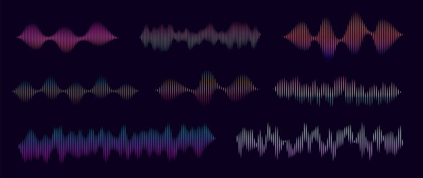 Abstract gradient vibration wave set. Collection of sound audio wavy line, dotted halftone and waveform. Element on white background for business, science, music and technology.