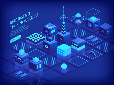 Emerging technologies concept. Abstract futuristic cubes design and different geometric shapes. Digital innovation and artificial intelligence. Blockchain tech. Vector illustration in isometric view