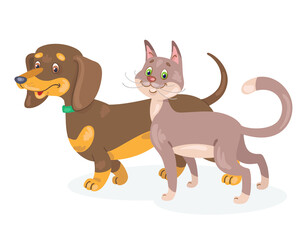 Funny dog and cat are standing together. In cartoon style. Isolated on white background. Vector flat illustration.