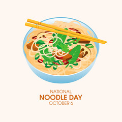 National Noodle Day vector. Bowl of noodles with tofu and vegetables icon vector. Noodle Day Poster, October 6. Important day