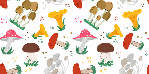 Fototapeta na wymiar seamless pattern of different cartoon mushrooms. background for design