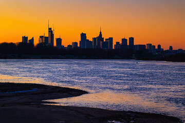 Sunset Skyline River View Of Warsaw In Poland