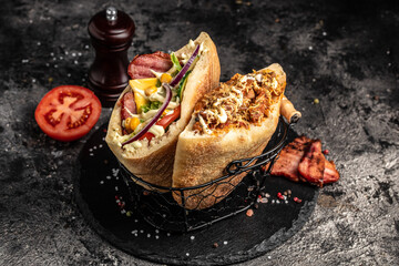 two greek gyros wrapped in pita breads with grilled meat, vegetables and sauce on dark background....