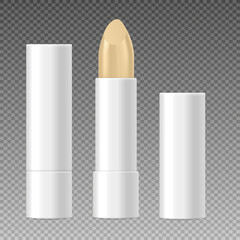 Lip balm stick opened and closed in realistic 3d style, vector illustration isolated on transparent background. - obrazy, fototapety, plakaty