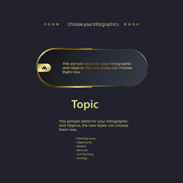 a golden infographic chart templates on dark background and text description. Luxury concept options design for presentations, business and finacial banners invector, illustration design