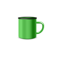 Realistic green enamel mug in 3d style, vector illustration isolated on white background.