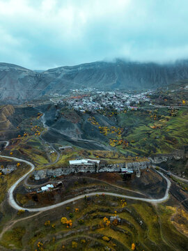Winding road at Aul Chokh village by mountains in North Caucasus, Dagestan, Russia
