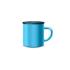 Blue enamel drink mug or cup template, 3d realistic vector illustration isolated.