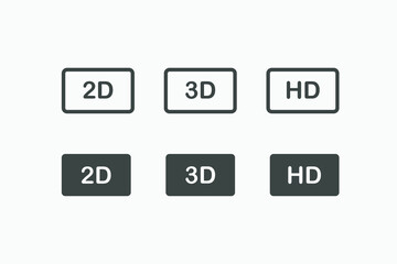 3D, 2D, HD film, movie, cinema vector icon set.
