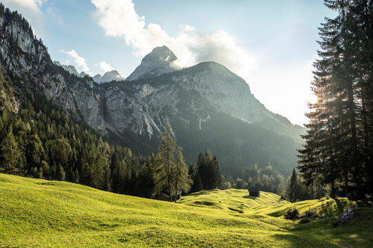 Summer meadow inMieming Range at sunset with lone hut in background