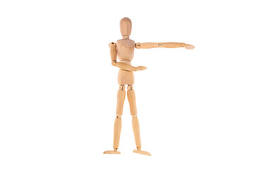 wooden man pointing with his hand to the side isolated on white background