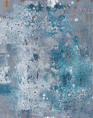 Peeling paint blue background, icy, cold, winter, paint, monoprint in blue and white with dots of rust