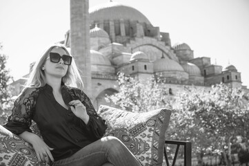 Travelling and vacation concept, lady at city streets in Istanbul. Landscape views, scene of trip time 