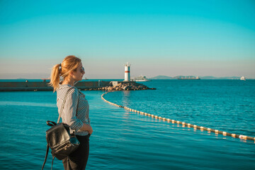 Travelling and vacation concept, lady at city streets in Istanbul. Landscape views, scene of trip...