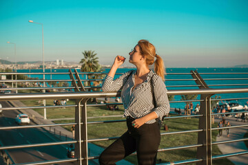 Travelling and vacation concept, lady at city streets in Istanbul. Landscape views, scene of trip time 