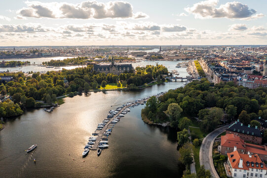 Sweden, Stockholm County, Stockholm, Aerial view of Djurgarden and Nobel Park at dusk