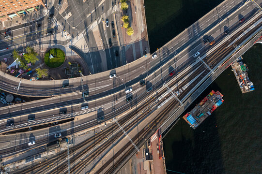 Sweden, Stockholm County, Stockholm, Aerial view of traffic along bridge highway