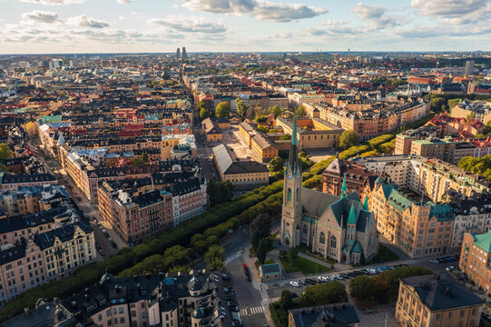 Sweden, Stockholm County, Stockholm, Aerial view of Oscars Church and surrounding houses of Ostermalm district