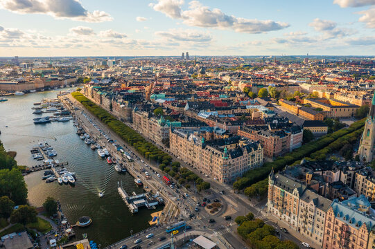 Sweden, Stockholm County, Stockholm, Aerial view of Strandvagen boulevard and Ostermalm district