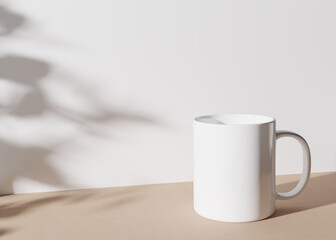 White mug mock up. Blank template for your design, advertising, logo. Close-up view. Copy space. Cup presentation on light cream background with shadows of plants. 3D rendering.