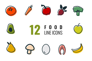 Food Line Icons. Outline Vegan Set. Tomato, carrot, pepper, beetroot, broccoli, avocado, apple, pear, mushroom, egg, salmon, bananas