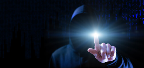 Cyber security hacker concept. Internet web hack technology. Blurred Hacker man hand isolated on...