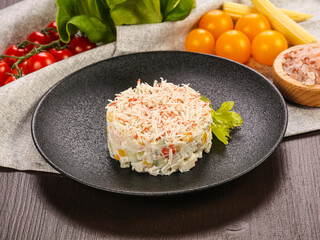 Russian traditional salad with crab