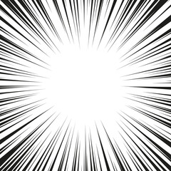 Black radial speed line burst for background design or cartoon template. Comic Book Design Element. Abstract motion lines. Vector stripe pattern.