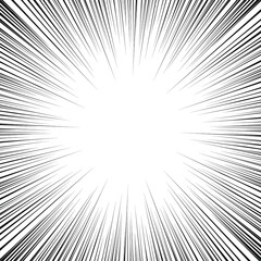 Black radial speed line burst for background design or cartoon template. Comic Book Design Element. Abstract motion lines. Vector stripe pattern.