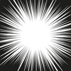 Black radial speed line burst for background design or cartoon template. Comic Book Design Element. Abstract motion lines. Vector stripe pattern.