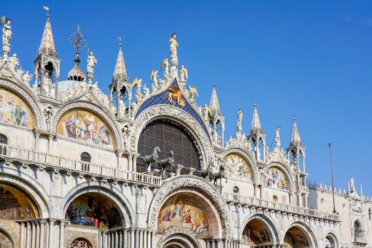Italy, Veneto, Venice, Ornate facade of Saint Marks Basilica