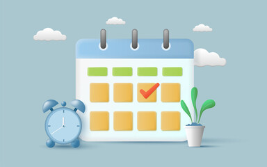 Calendar icon with check sign and alarm clock. Concept about workflow organization, work planning, time managment, project management. 3d vector illustration on sky blue background.