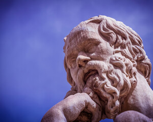 Socrates statue head closeup, the ancient Greek philosopher, Athens Greece, space for your text