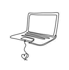 Abstract laptop with heart as line drawing on white as background. Vector