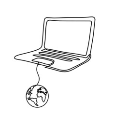 Abstract laptop with globe as line drawing on white as background. Vector