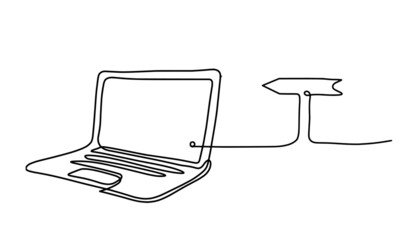 Abstract laptop with sign of direction as line drawing on white as background. Vector