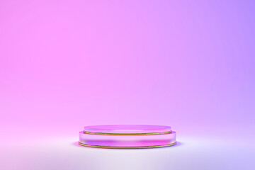 Blank transparent cylinder podium in  studio with red and purple LED light, futurlistic concept, showcase for product, 3d rendering