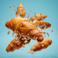 Freshly baked croissant flying in air