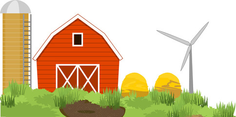 Abstract rural landscape with red barn, silo tower, haystacks and wind turbine © Kazakova Maryia