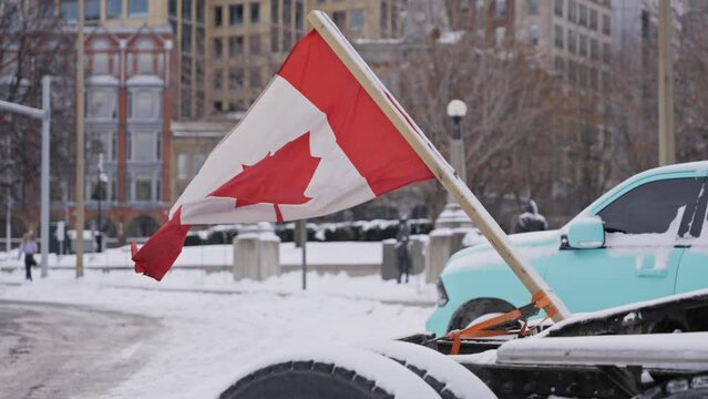 Canada Flag Attached to Fifth Wheel of Truck in Downtown Ottawa Ontario Canada 2022 COVID-19 Freedom Convoy Trucker Protest Anti-Vax and Anti-Mask Mandates
