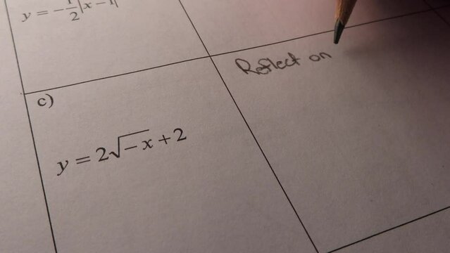 Math test and homework for high school stating transformations and movements for functions mathematics unit and writing with pencil on paper answering questions for graphing unit