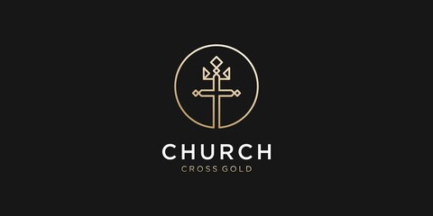 Church Cross Gold with Crown Golden Elegant Luxury Cristian Religion Faith King Vector Logo Design