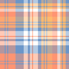 Seamless pattern in great orange, blue, white and yellow colors for plaid, fabric, textile, clothes, tablecloth and other things. Vector image.