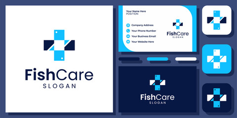Fish Medical Sign Cross Plus Animal Healthcare Clinic Pet Vector Logo Design with Business Card